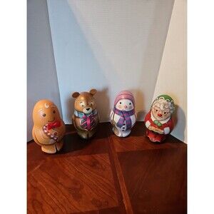 Set Of 4 Russell Stover Tins - Mrs. Claus Snowman Teddy Bear and Gingerbread Man